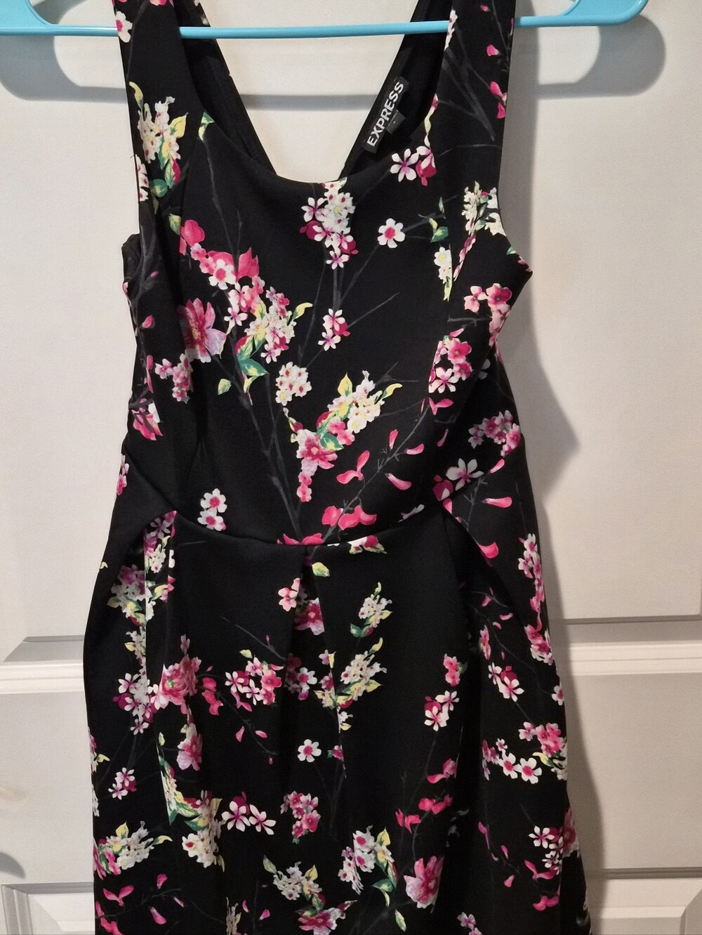 Express Black Floral A-Line Dress with Pink & White Blossoms - Size 4